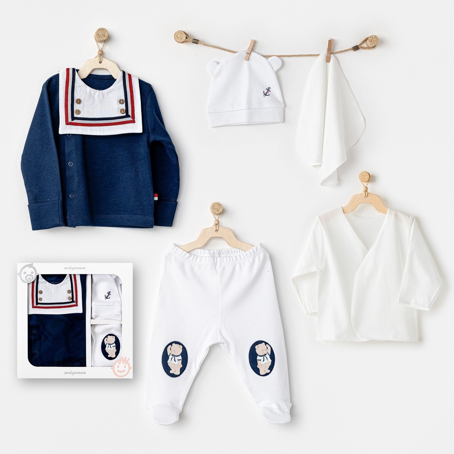 Andywawa Sailor Bear 5'li Bebek Hastane Çıkış Seti AC24540 Lacivert-Beyaz