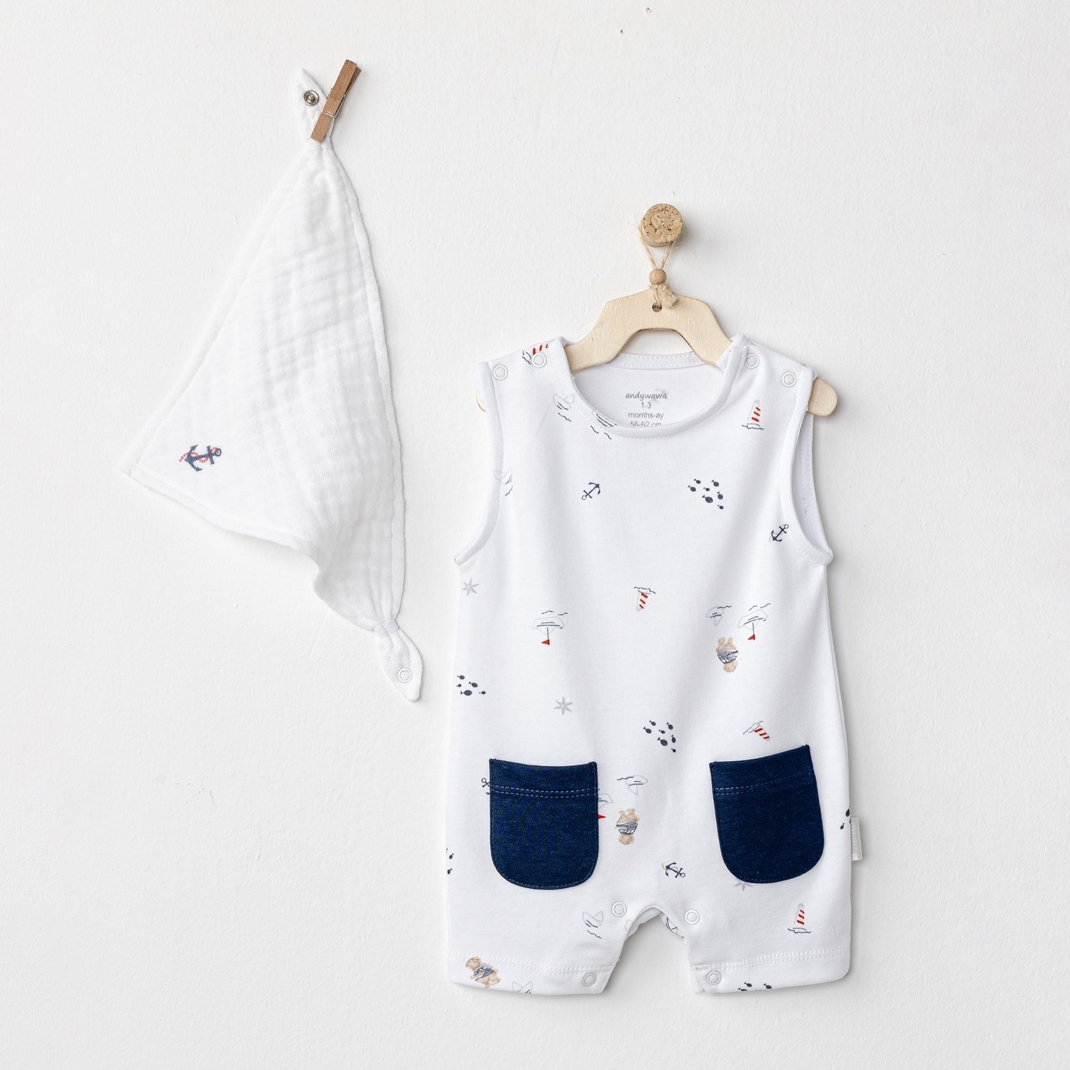 Andywawa Sailor Bear Bebek Tulum Takımı AC24552 Mavi-Beyaz
