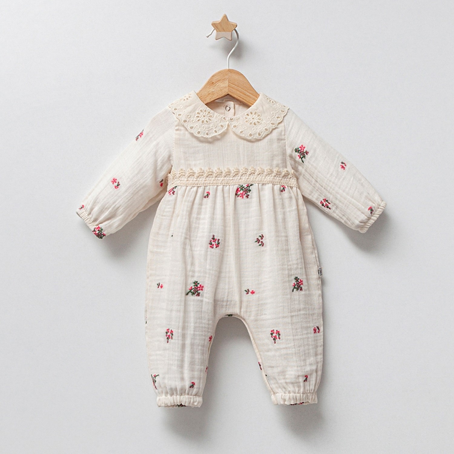 Tongs Baby Müslin Çiçek Jakar Bebek Tulumu 5241 Ekru