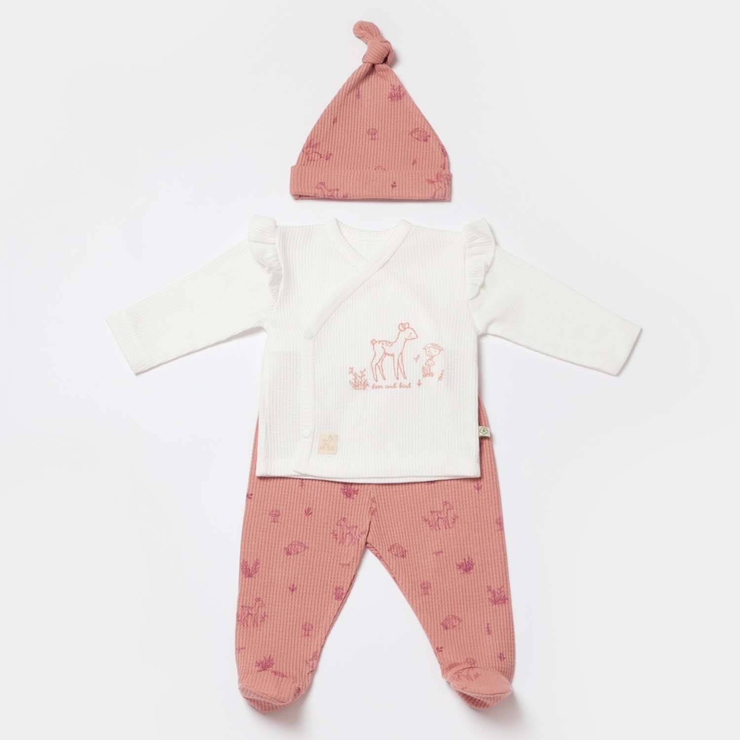 Biorganic Waffle Deer And Bird 3'lü Bebek Takımı 58034 Ekru-Gül Kurusu