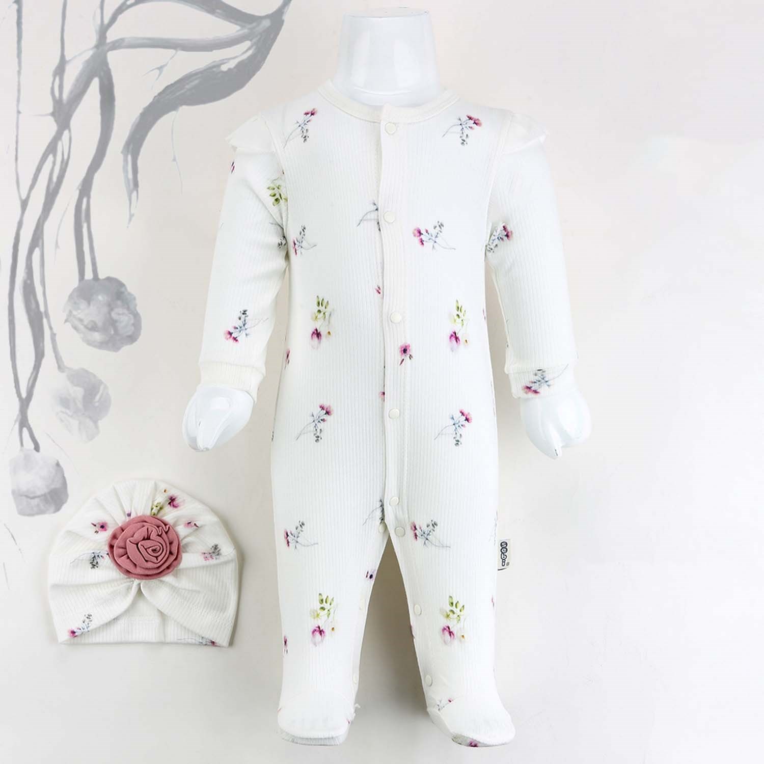 Sebi Bebe Güllü Şapkalı Bebek Tulumu 1108 Ekru