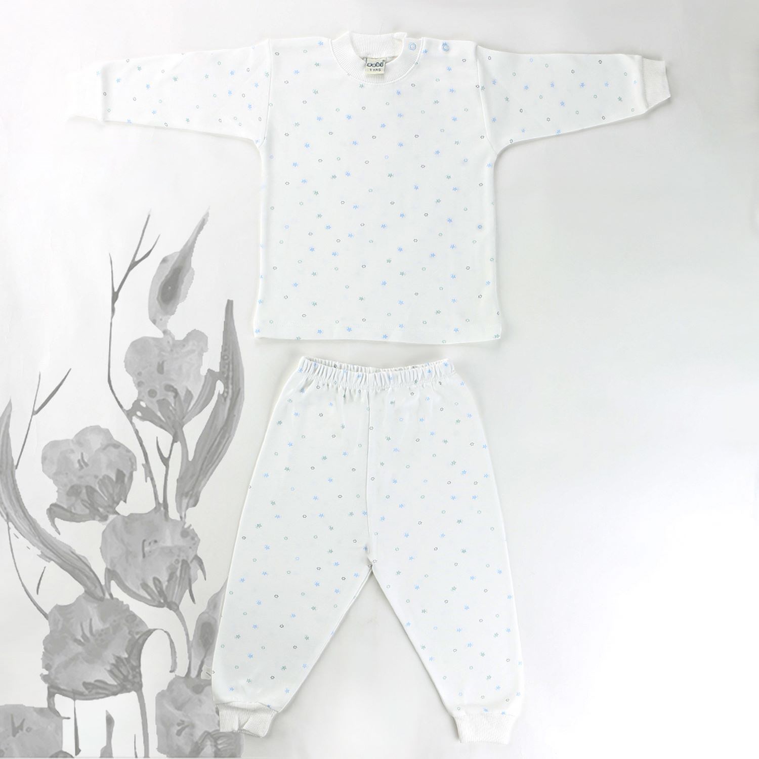 Sebi Bebe Mini Çiçekli Pijama Takımı 9127 Beyaz-Mavi