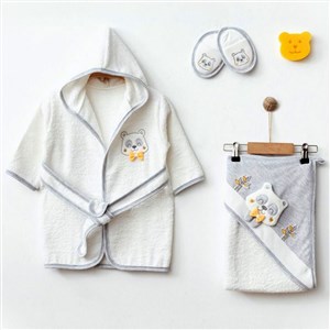 Ekebaby Panda 4 Parça Bebek Bornoz Seti 5577 Gri