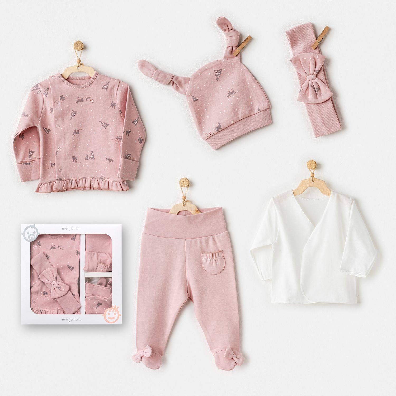Andywawa Puppy Gazelle 5'li Bebek Hastane Çıkış Seti AC25040 Pembe