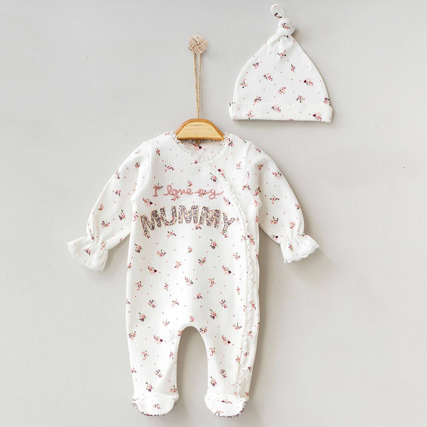 Pugi Baby Mummy Desenli Bebek Tulumu 6054 Krem