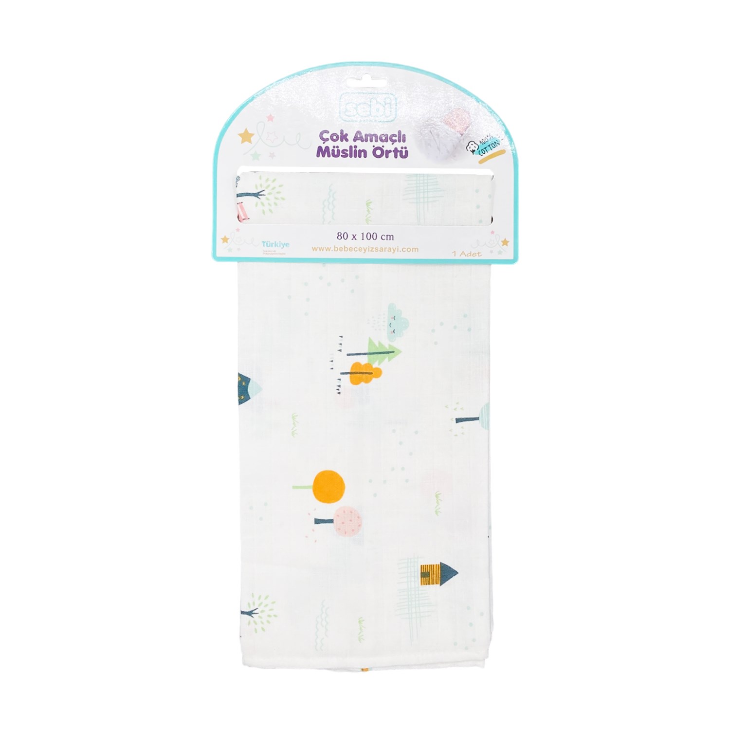 Sebi Bebe Çok Amaçlı Müslin Örtü 80x100 Cm Beyaz-Turkuaz