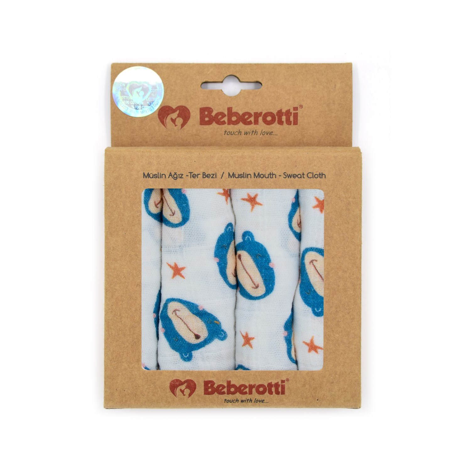 Beberotti 4'lü Müslin Bebek Ağız Bezi 25x25 Cm 102 Ekru-İndigo