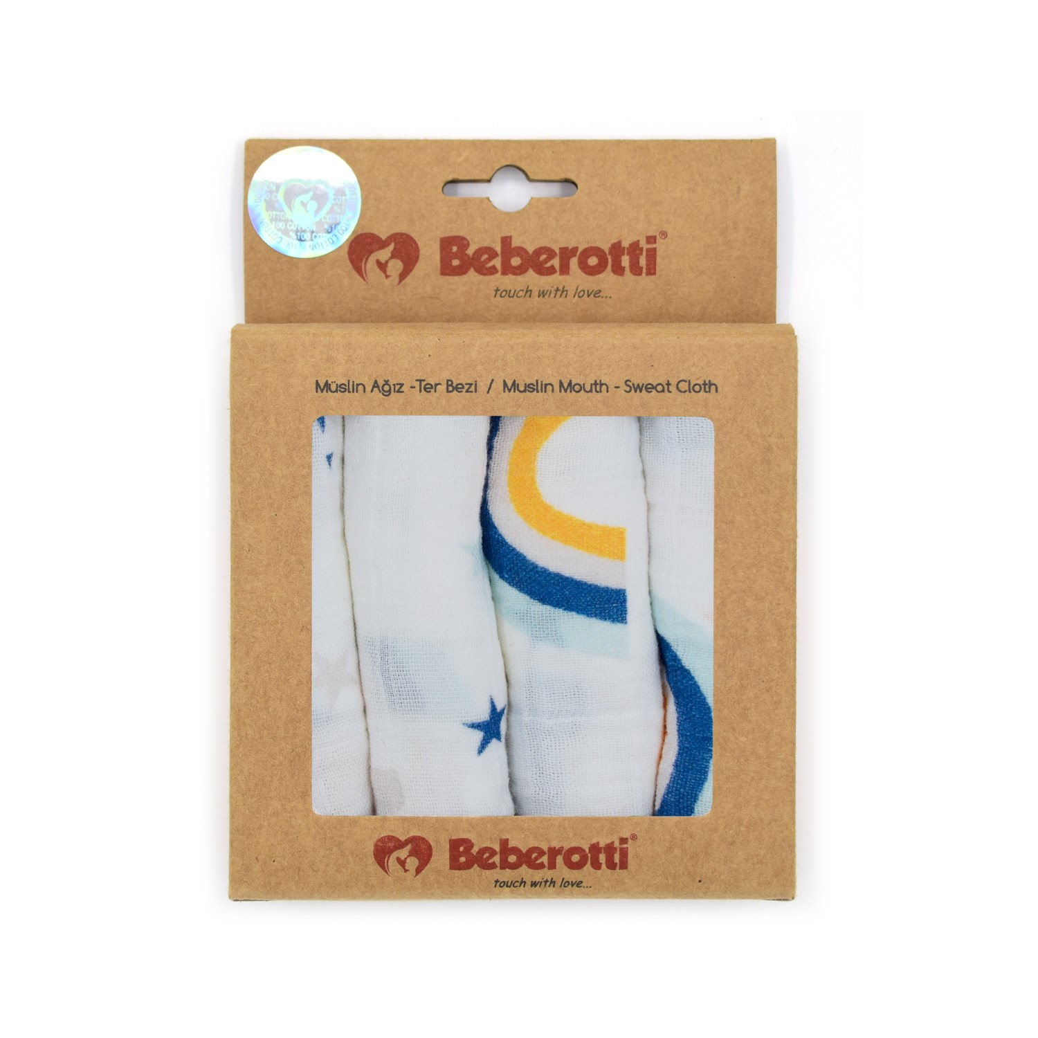 Beberotti 4'lü Müslin Bebek Ağız Bezi 25x25 Cm 102 Ekru-Lacivert