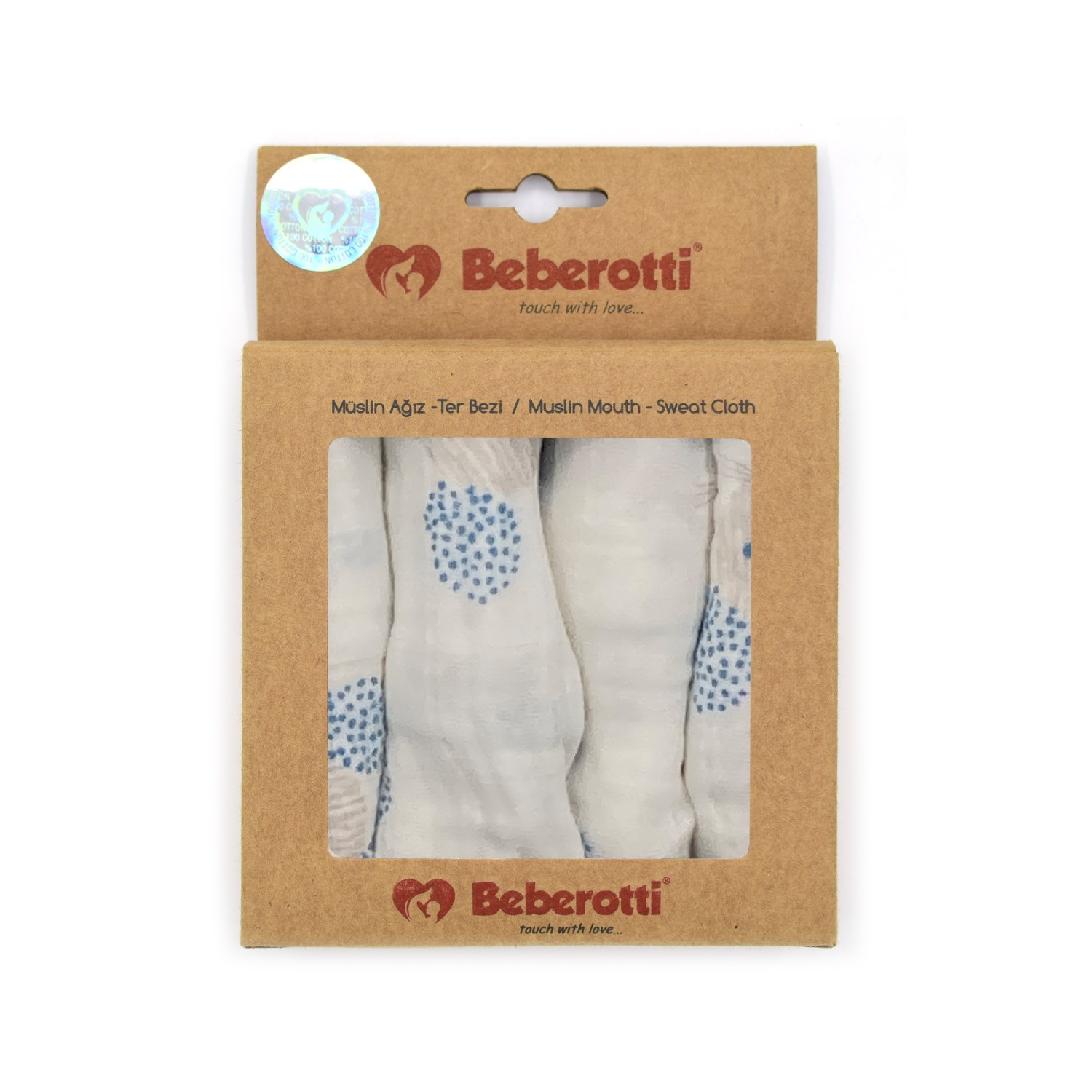 Beberotti 4'lü Müslin Bebek Ağız Bezi 25x25 Cm 102 Ekru-Mavi
