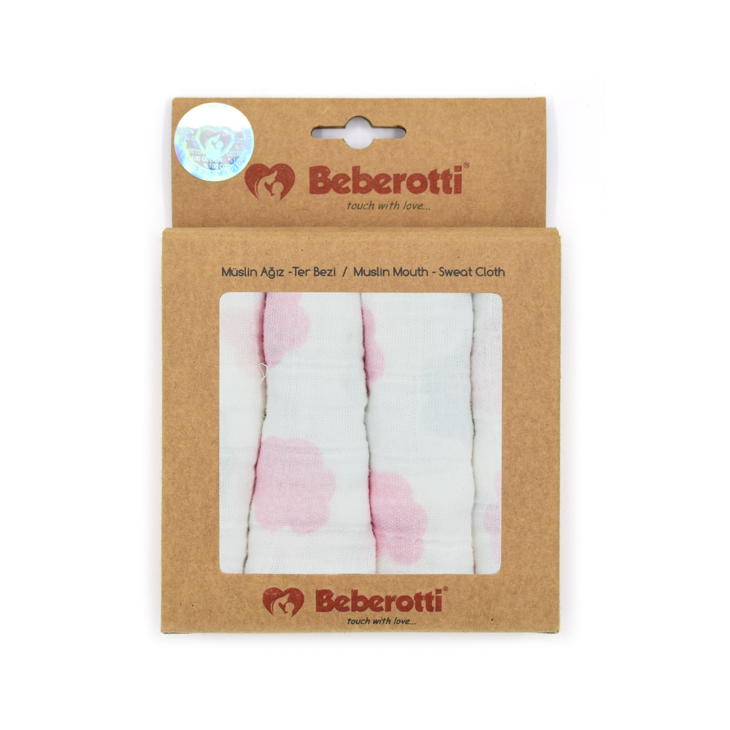 Beberotti 4'lü Müslin Bebek Ağız Bezi 25x25 Cm 102 Pembe-Ekru