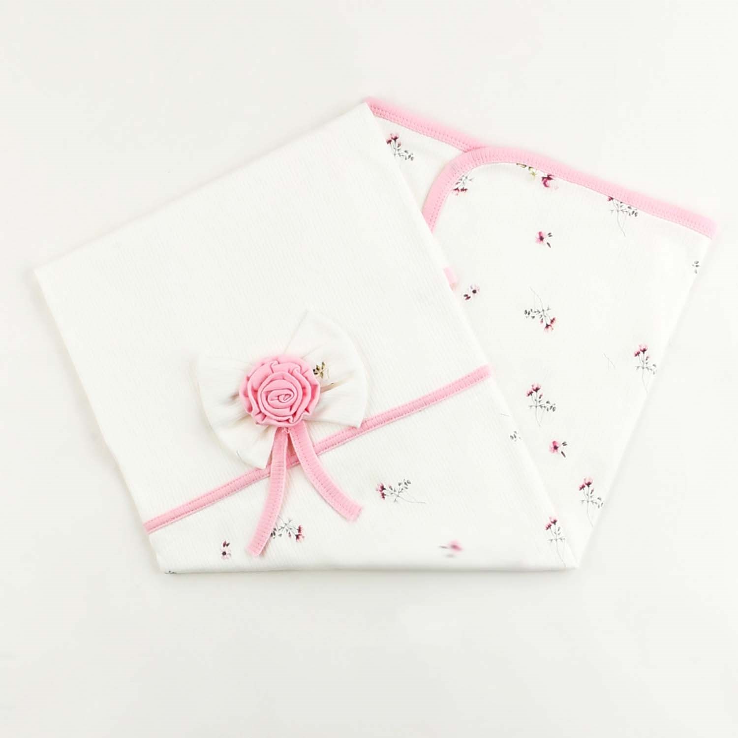 Sebi Bebe Çiçekli Fiyonklu Battaniye 80x85 Cm 1114 Beyaz-Pembe