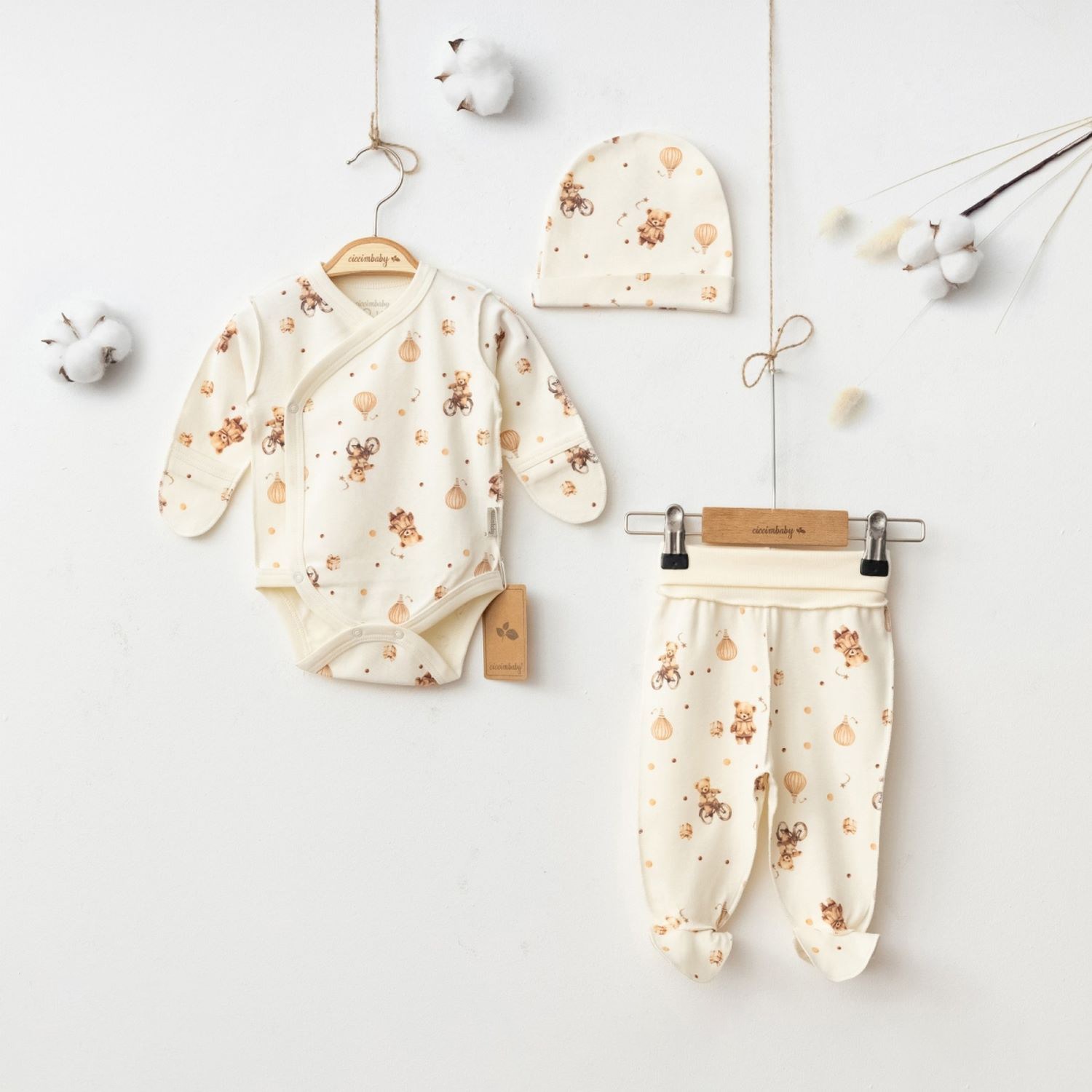 Ciccim Baby Ayıcık Desen Kruvaze 3'lü Takım 5032 Krem
