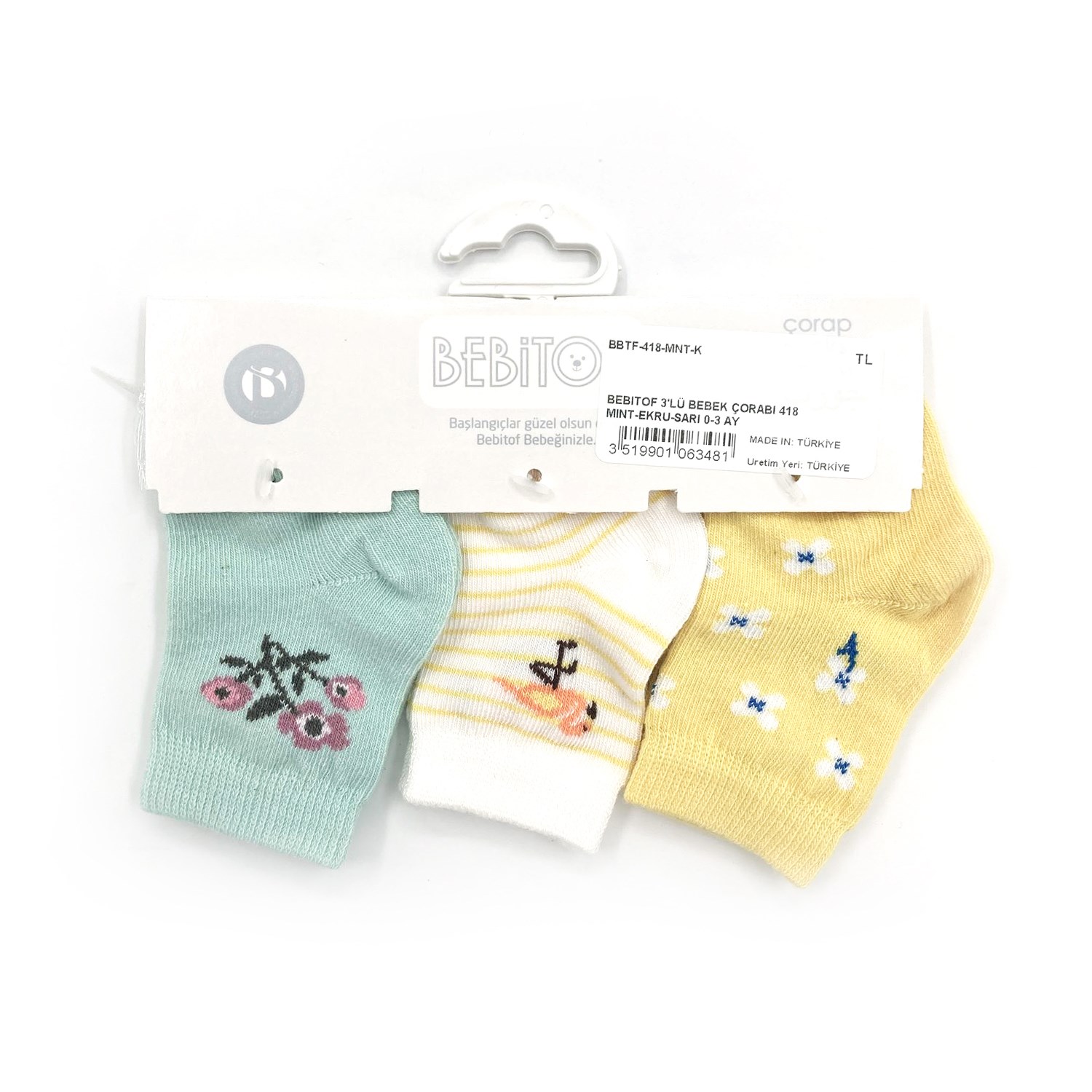 Bebitof 3'lü Bebek Çorabı 418 Mint-Ekru-Sarı