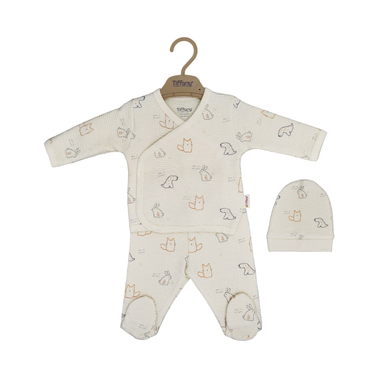 Tiffany Baby Cats And Dog Theme 3'lü Bebek Zıbın Seti 20078 Ekru