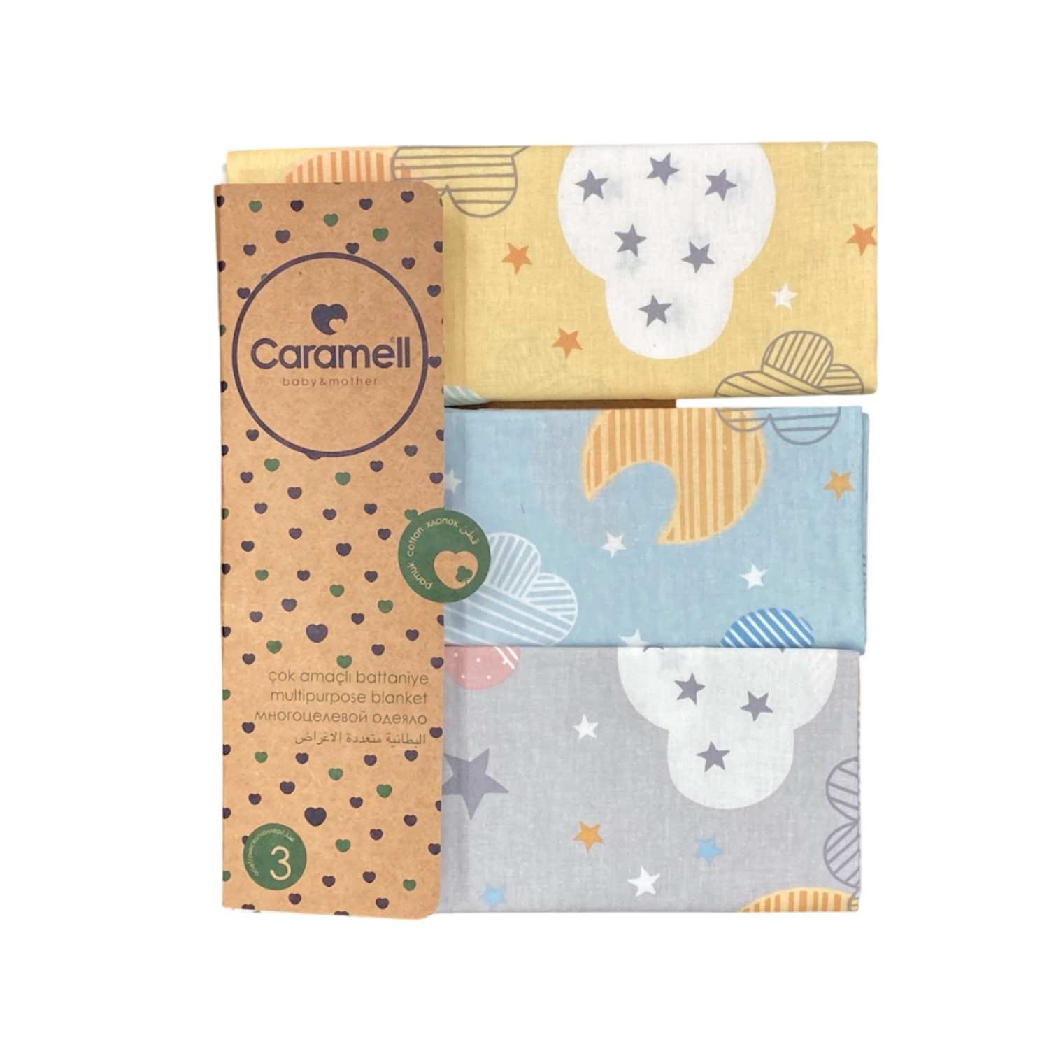 Caramell 3'lü Çok Amaçlı Battaniye 80X90 Cm 9392 Gri-Mavi-Sarı