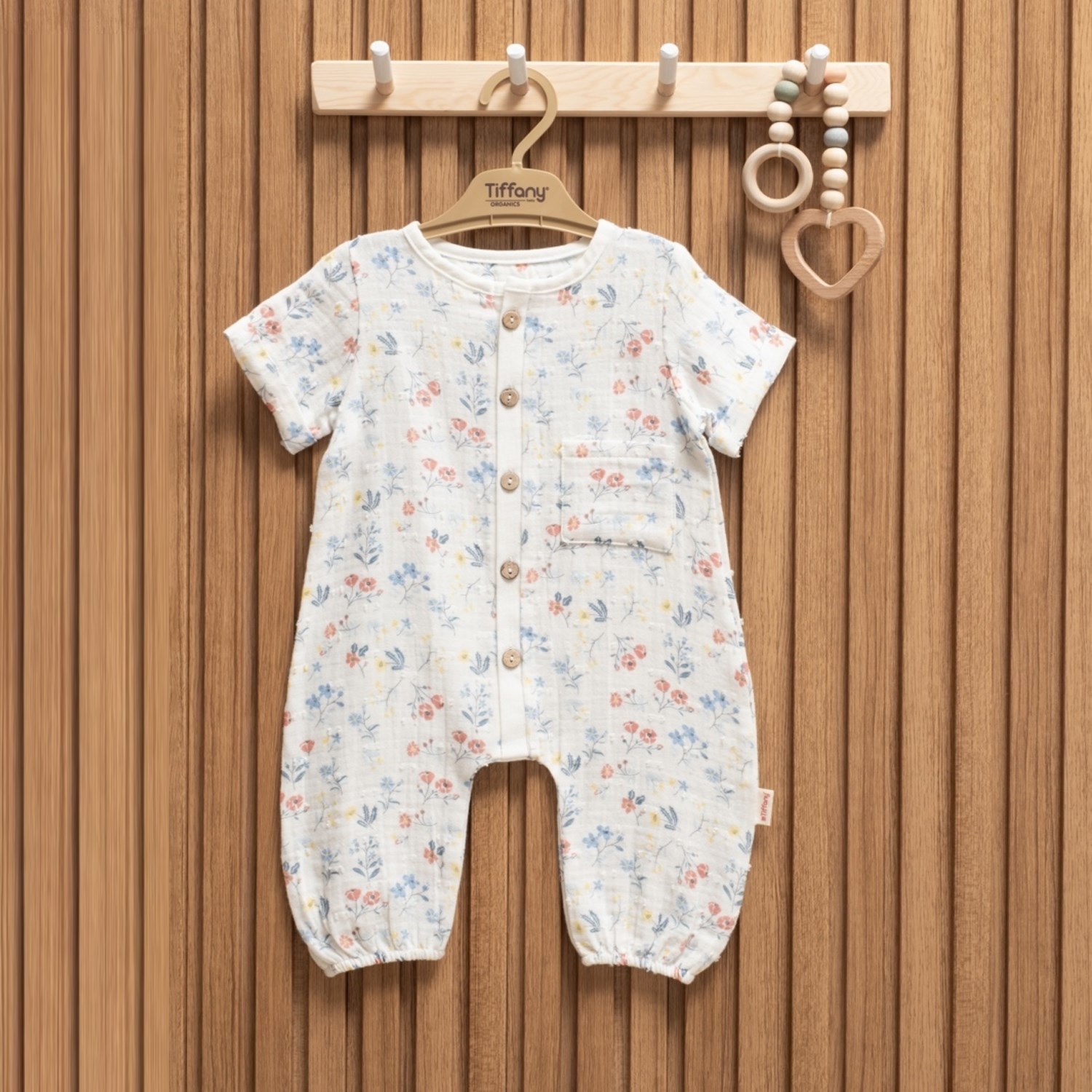 Tiffany Baby Müslin Sweet Theme Yarım Kol Kısa Tulum 60091 Ekru