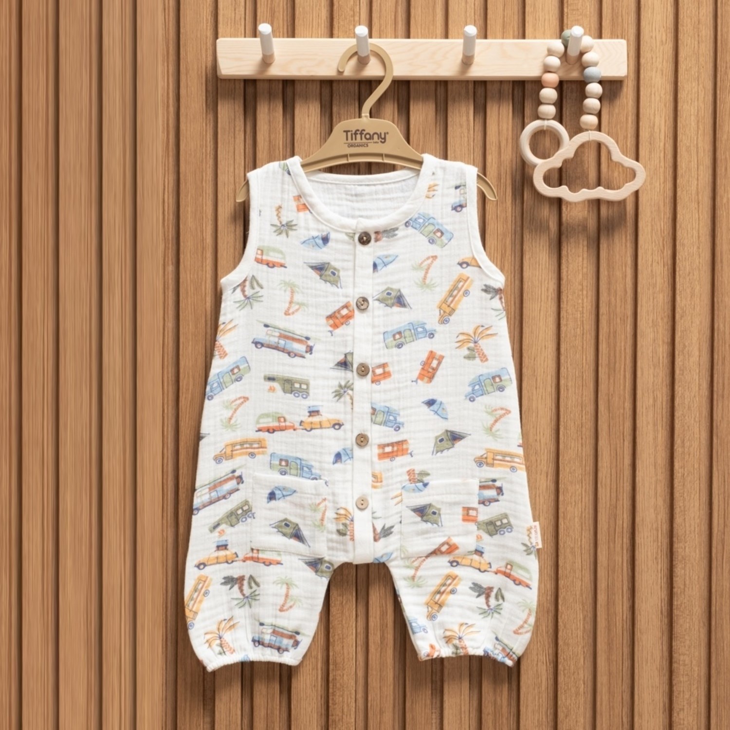 Tiffany Baby Müslin Caravan Theme Kısa Atlet Tulum 61023 Ekru