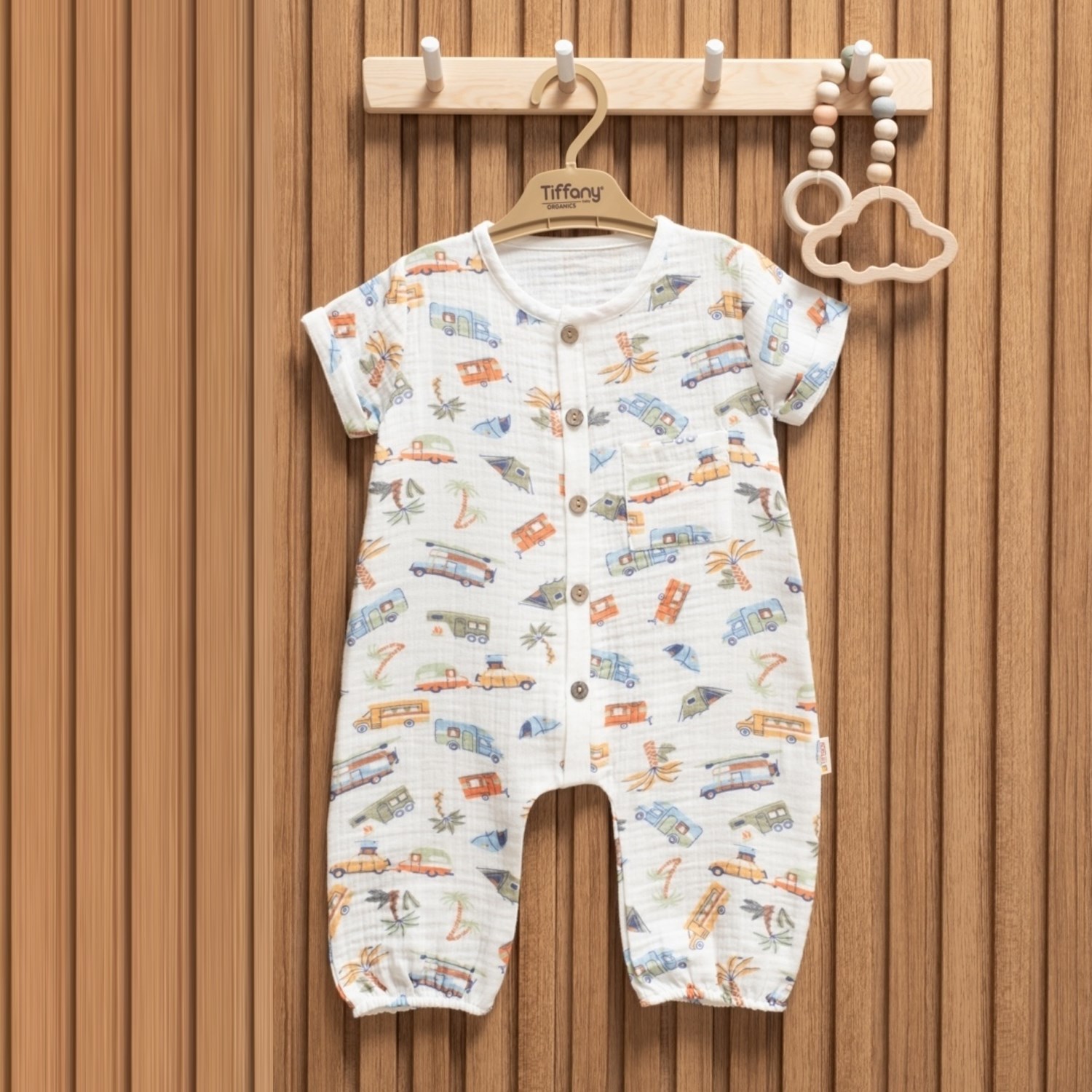 Tiffany Baby Müslin Caravan Theme Yarım Kol Uzun Tulum 61091 Ekru