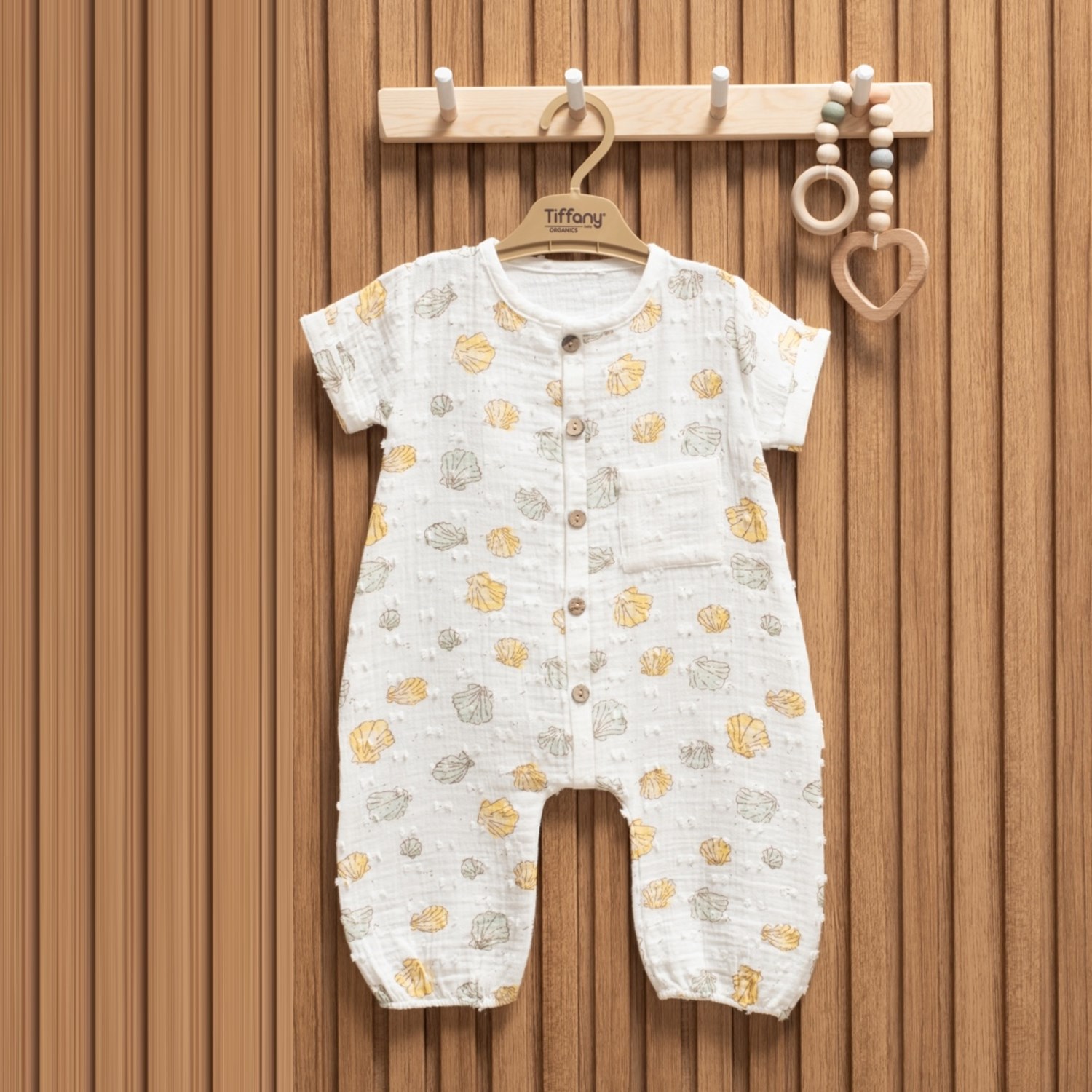 Tiffany Baby Müslin Sea Shell Theme Yarım Kol Uzun Tulum 62091 Ekru