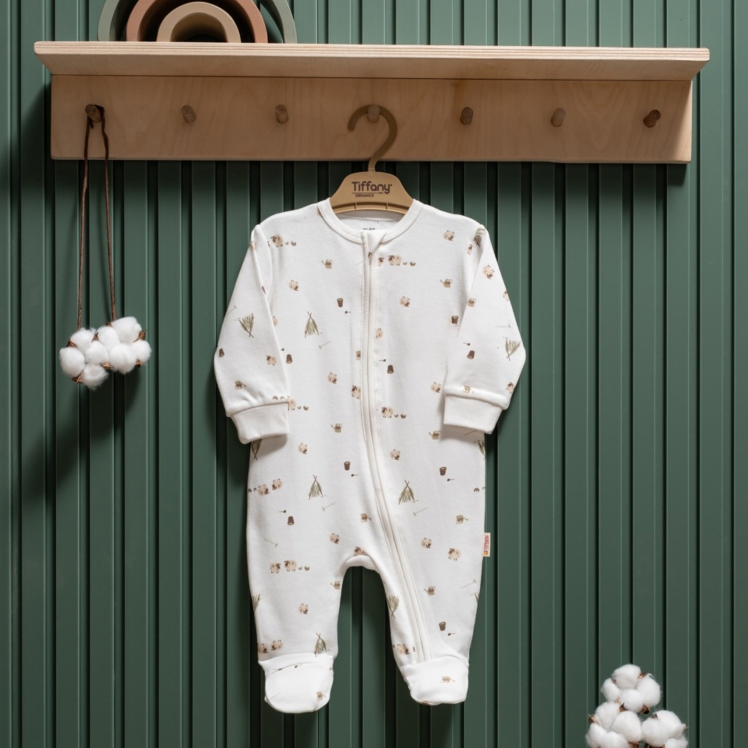 Tiffany Baby Happy Lambs Theme Organik Fermuarlı Tulum 33040 Ekru