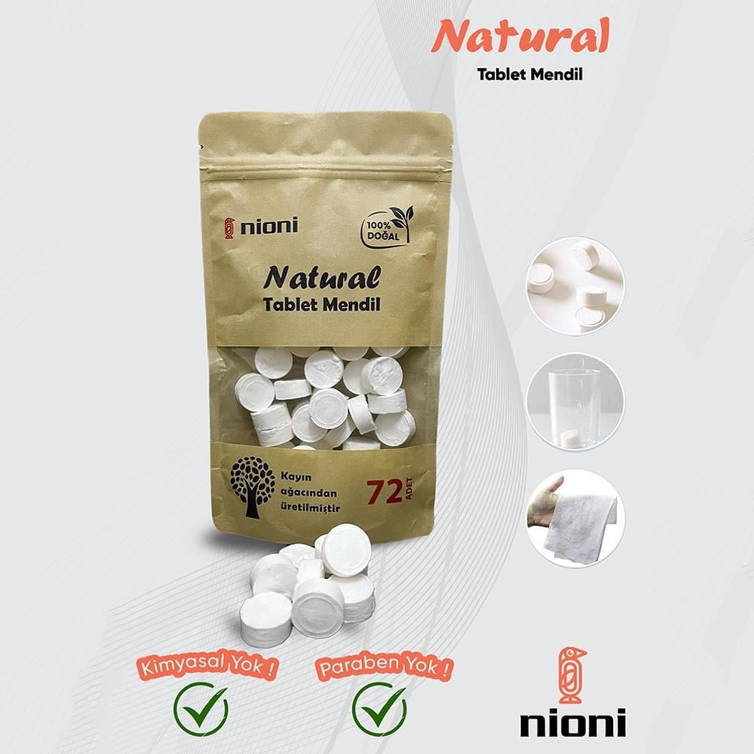 Nioni Natural Tablet Mendil 72 Adet Beyaz