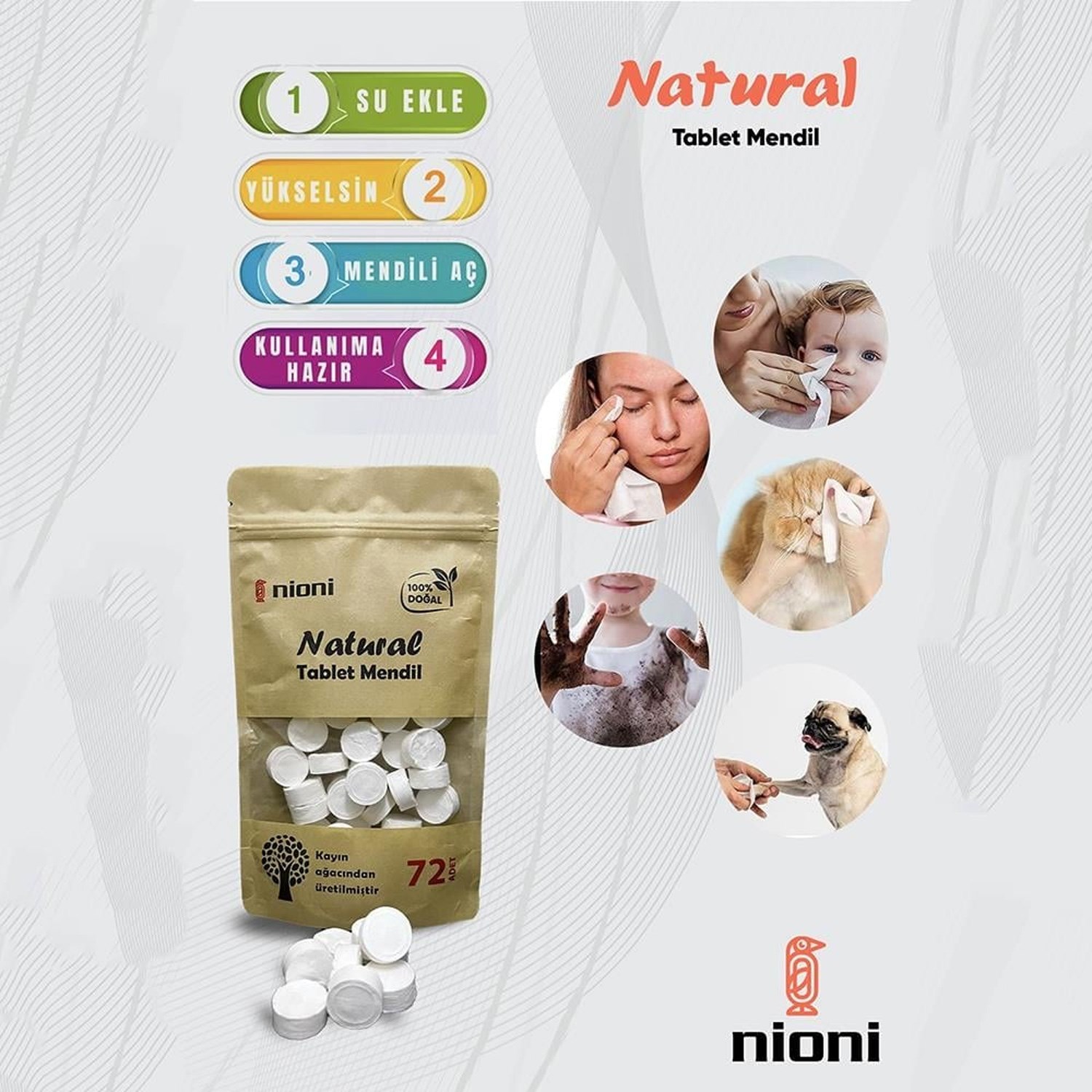 Nioni Natural Tablet Mendil 72 Adet Beyaz