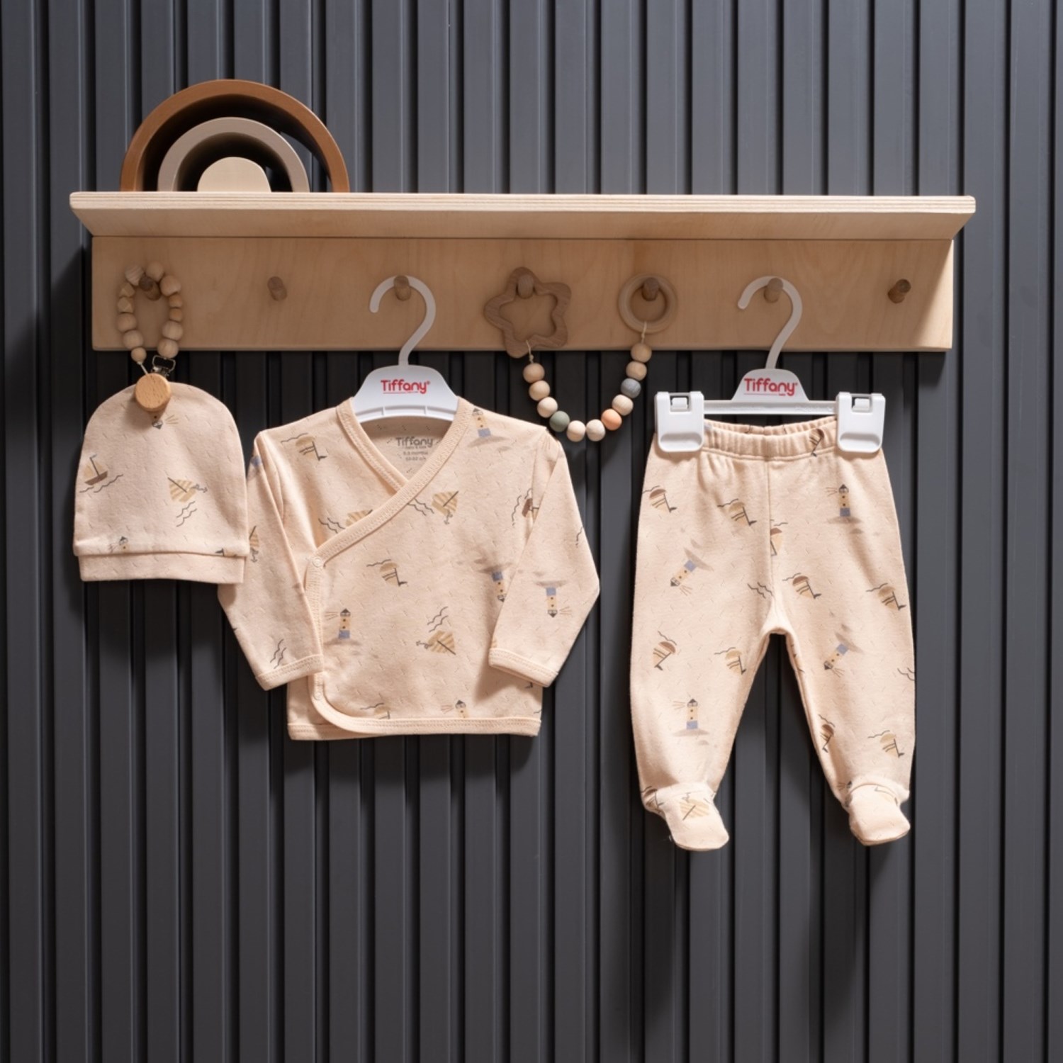 Tiffany Baby Boat Jakarlı Theme 3'lü Zıbın Set 43078 Bej
