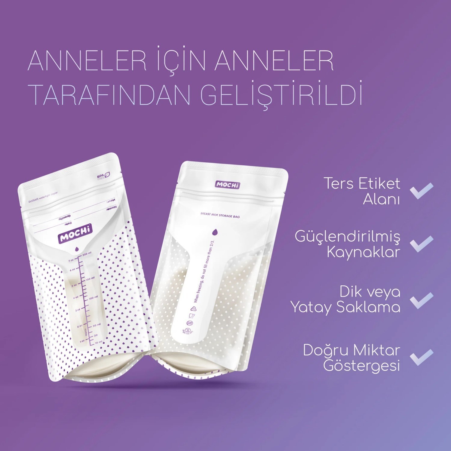 Mochi 25’li Anne Sütü Saklama Poşeti 200 Ml Şeffaf